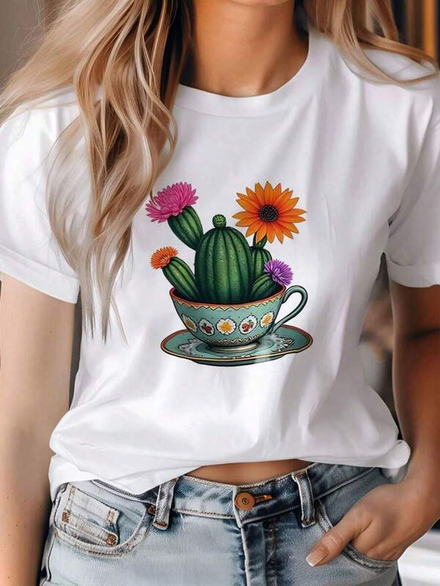 Camiseta con estampado de cactus Wo YK, diseño suave de cactus pastel con taza floral, cactus en taza verde azul, eta rosa, ligerara verano y otoño, casual, uste relado, cuello redondo, manga corta, blusara eventos temáticos, transpirable, camisa de uso diario