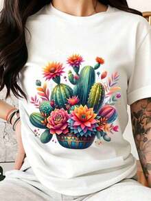 Camiseta de mujer con diseño de cactus y flores coloridos para uso casual de verano, estilo bohemio, con estampado gráfico de pls del desierto vibrantes, top uni para atuendos diarios, idea de regalo para amantes de las pls - Blanco - Ver 2