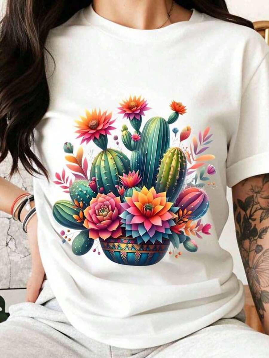 Camiseta de mujer con diseño de cactus y flores coloridos para uso casual de verano, estilo bohemio, con estampado gráfico de pls del desierto vibrantes, top uni para atuendos diarios, idea de regalo para amantes de las pls