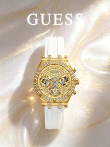 Guess Đồng hồ nữ, đồng hồ đeo tay thạch anh ba kim với mặt số vàng nạm kim cương sang trọng, kết hợp với dây đeo silicon trắng thoải mái, thiết kế viền hình giọt nước, kết hợp giữa thời trang và tính năng. - Vàng - Xem 1