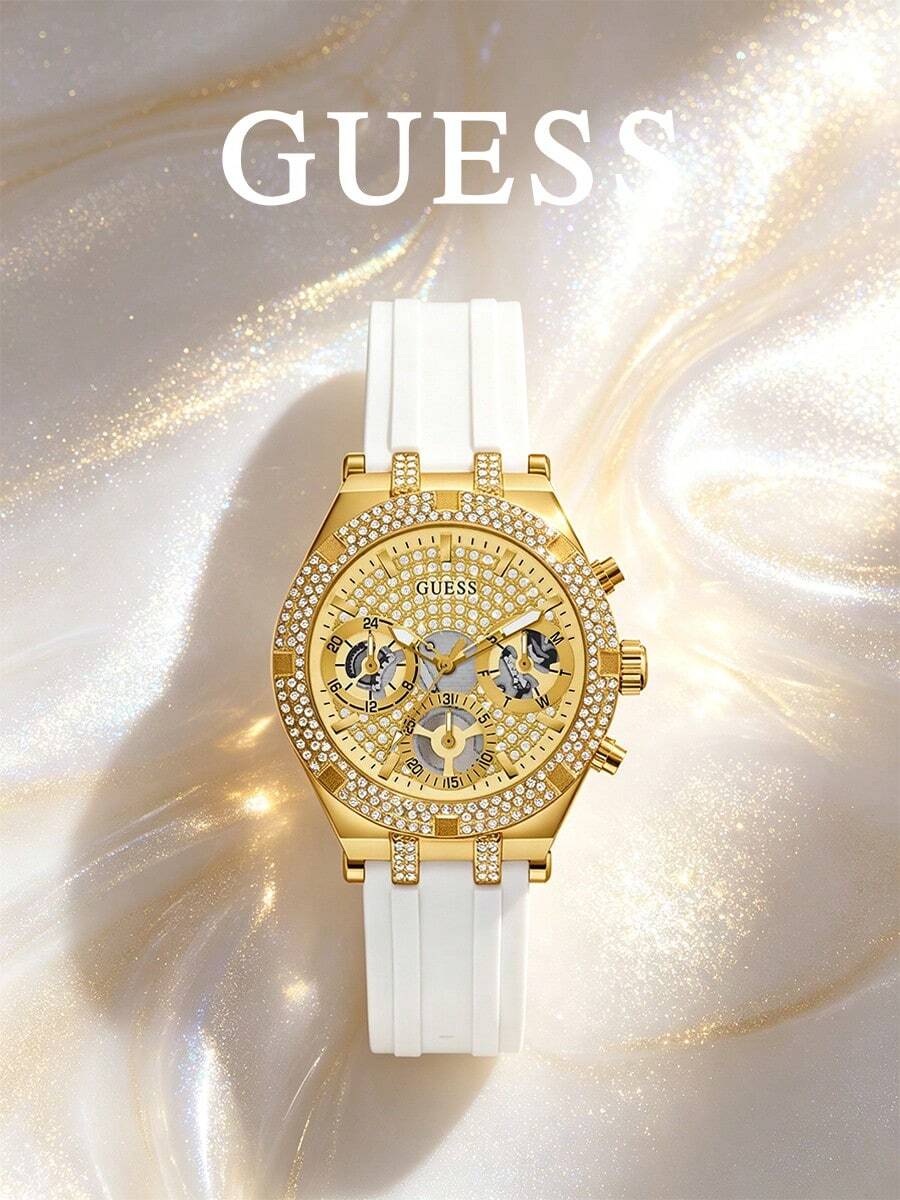 Guess Đồng hồ nữ, đồng hồ đeo tay thạch anh ba kim với mặt số vàng nạm kim cương sang trọng, kết hợp với dây đeo silicon trắng thoải mái, thiết kế viền hình giọt nước, kết hợp giữa thời trang và tính năng. - Vàng - Xem 1