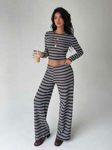 Conjunto de pijama informal para mujer de , incluye camiseta de manga larga con cuello redondo a rayas y pantalones rectos a rayas, adecuado para uso diario, deportes, otoño/invierno, ropa para el regreso a clases, conjunto de dos piezas a rayas marrones, para uso diario, oficina, salidas. - Marrón 2 - Ver 10