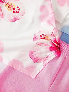 4pcs/Set Kaos Asimetris Motif Hibiscus untuk Anak Perempuan dan Celana Pendek Warna Polos - MultiWarna - View 5