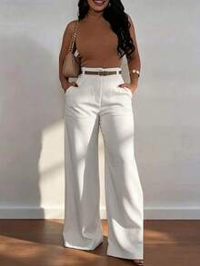 Pantalones casuales de pierna recta y cintura alta de moda para mujer, color blanco, para primavera - Blanco - Ver 4