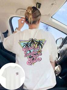playeras de algodón mujer 1psc1 pieza Camiseta de mujer de manga corta de cuello redondo con estampado de texto divertido de moda para el verano, diseño versátil con patrón de triángulo, palmera y floral, ajuste holgado y cómodo, adecuado para la playa, la calle, actividades diarias, el trabajo, reuniones de oficina, etc. Vacaciones Blanco100%cotton ropa de mujer  Daily home top - Blanco - Ver 1