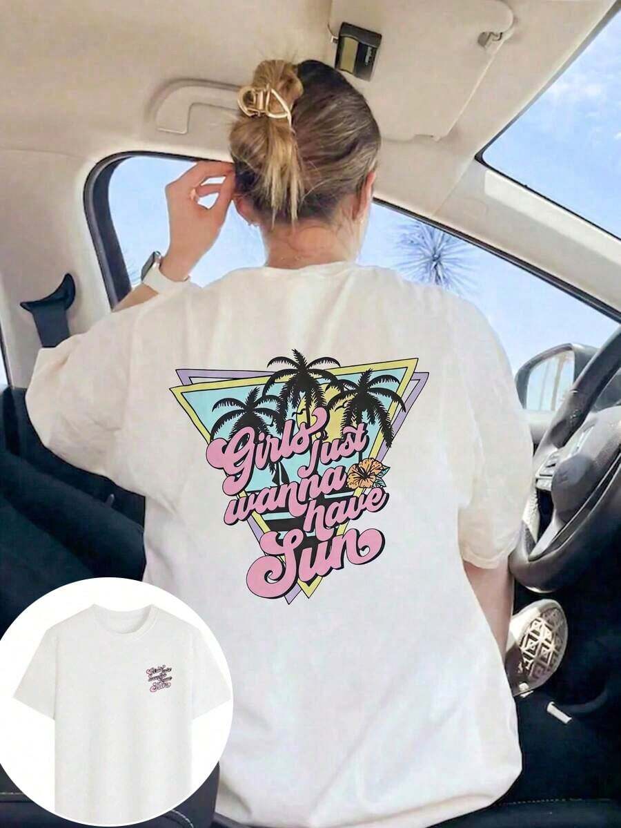 playeras de algodón mujer 1psc1 pieza Camiseta de mujer de manga corta de cuello redondo con estampado de texto divertido de moda para el verano, diseño versátil con patrón de triángulo, palmera y floral, ajuste holgado y cómodo, adecuado para la playa, la calle, actividades diarias, el trabajo, reuniones de oficina, etc. Vacaciones Blanco100%cotton ropa de mujer Daily home top - Blanco - Ver 1
