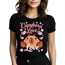 Tops para mujer de Algodón con Estampado de Capibara para Mujer, Manga Corta, Cuello Redondo, Estilo Casual - Negro - Ver 6