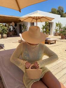 Vestido de cárdigan de punto corto con cuello redondo y manga larga, calado en rosa.Vestido de punto elegante, casual y cómodo para mujer, ideal para primavera/verano, para usar en la playa, resort, fiestas de traje de baño o vacaciones.Diseño minimalista de unicolor y falda corta. - Amarillo - Ver 4