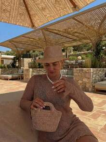 Vestido de cárdigan de punto corto con cuello redondo y manga larga, calado en rosa.Vestido de punto elegante, casual y cómodo para mujer, ideal para primavera/verano, para usar en la playa, resort, fiestas de traje de baño o vacaciones.Diseño minimalista de unicolor y falda corta. - Marrón - Ver 7