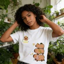 Tops para mujer Casual para Mujer con Estampado de Capibara, Negra, de Algodón, Manga Corta, Cuello Redondo - Blanco - Ver 6