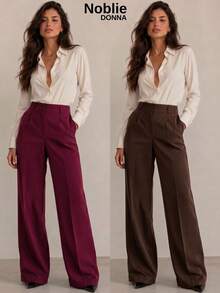 Set Of 2 Tailored Wide Leg High-Waisted Palazzo Pants, Elegant, With Front Button - 1 WINE 1 COFFEE - View 1