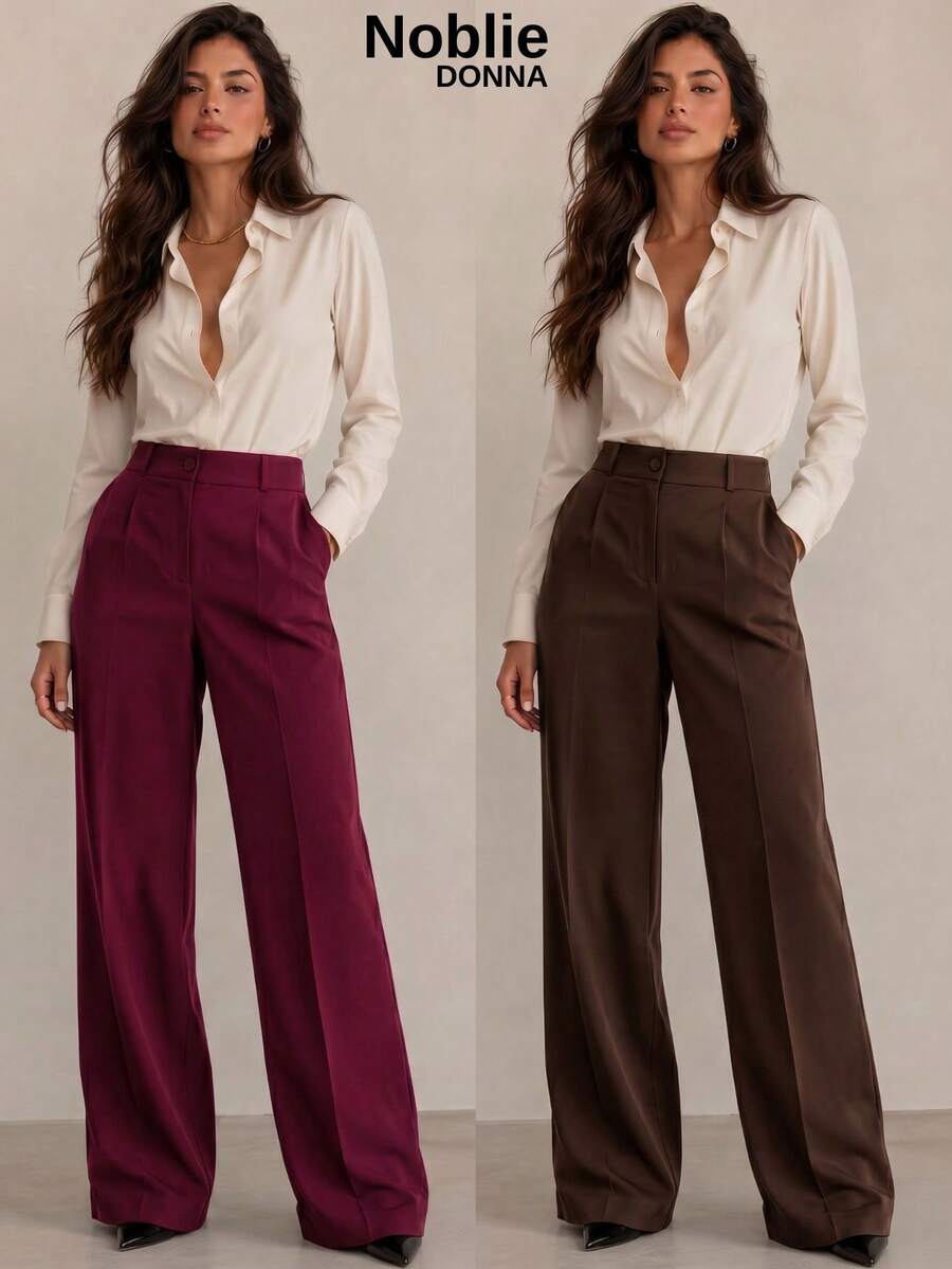 Set Of 2 Tailored Wide Leg High-Waisted Palazzo Pants, Elegant, With Front Button - 1 WINE 1 COFFEE - View 1