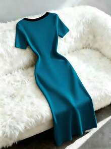 Vestido de manga corta con botones delanteros y ribete de punto, estilo elegante francés para mujer - Energía azul - Ver 2