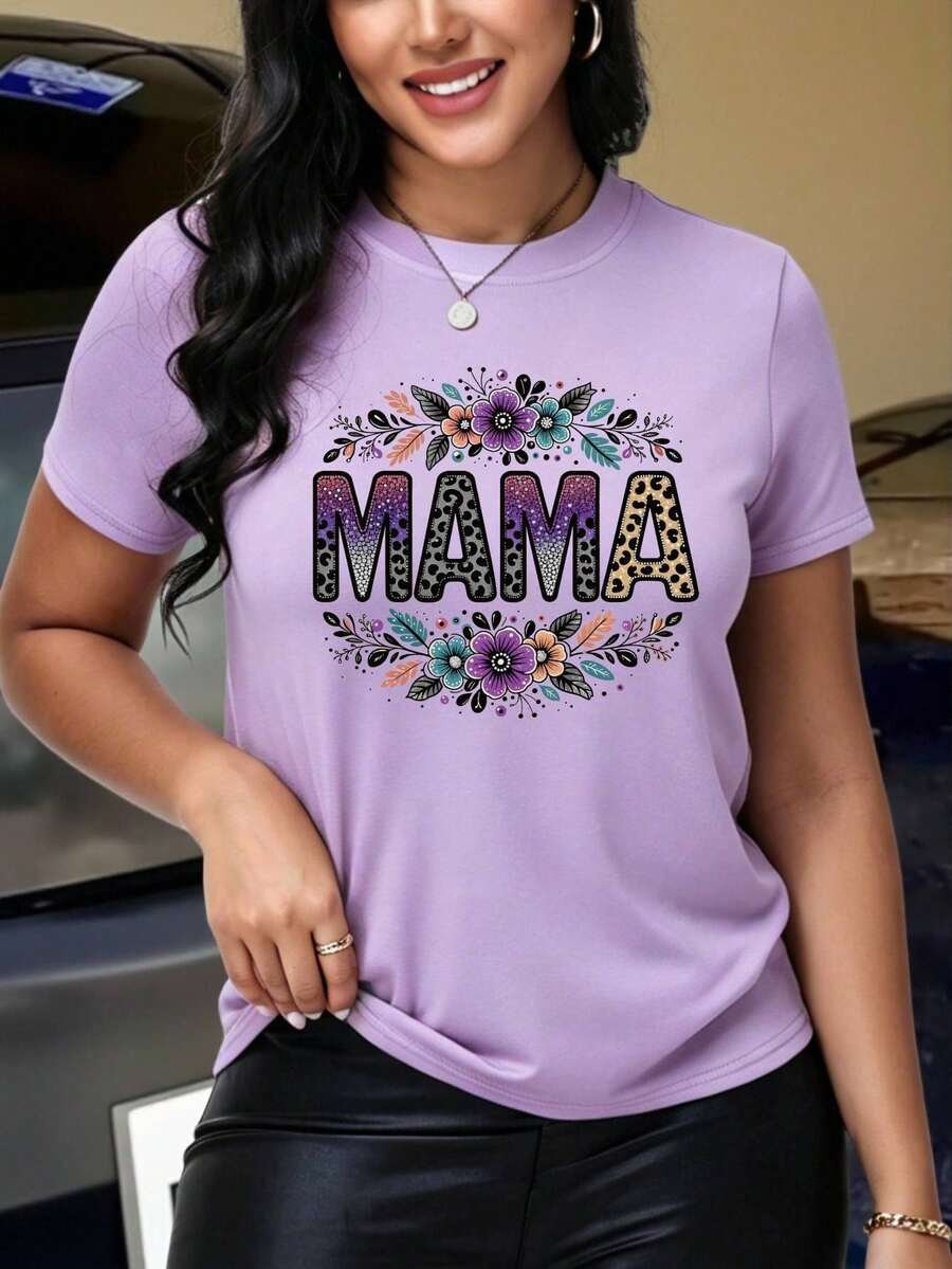 Women's Oversized Purple Summer T-Shirt With Floral Print And The Phrase "I Don't Care Thanks". Casual Short-Sleeved Purple T-Shirt With A Fun Phrase, Ideal For Youthful Looks. - YH422-紫色 - 查看 1