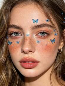 1pc Iridescent Blue Butterfly Face Sticker, Paired With High-Transparency Rhinestones To Create A Translucent Atmosphere Makeup, Waterproof And Long-Lasting, Suitable For Stage Makeup, Parties, And Selfie Decoration - Multicolor - View 4