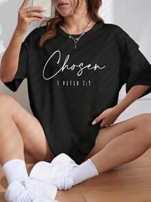 FASHIOGIRL Camiseta con Estampado de Letras y Hombros Caídos, Camisetas Gráficas para Mujer - Negro - Ver 4