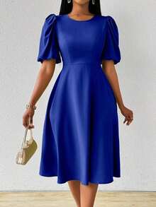 Vestido verde de manga abullonada larga, cuello en V, cintura recogida y bajo acampanado, para primavera y verano - azul real - Ver 3