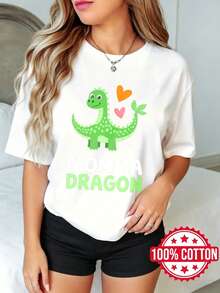 Camiseta estamp de manga corta y cuello redondo para mujer en verano Corazón de Dragón Amor de Mamá S-3XL 100% aodón material transpirable - Blanco - Ver 2