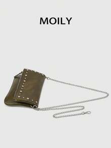 1pc Rivet Design Shoulder Crossbody Square Bag, PU Material, Metal Chain, Zipper Closure, Suitable For Shopping, Dating, Commuting, Party, Gift Giving - Green - View 7