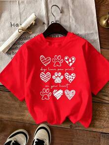 Camiseta de Manga Corta con Estampado de Huella de Perro y Corazón - Unisex, Corte Holgado - Cómoda, Estilo Vintage Urbano - Camiseta de Algodón - Rojo - Ver 1