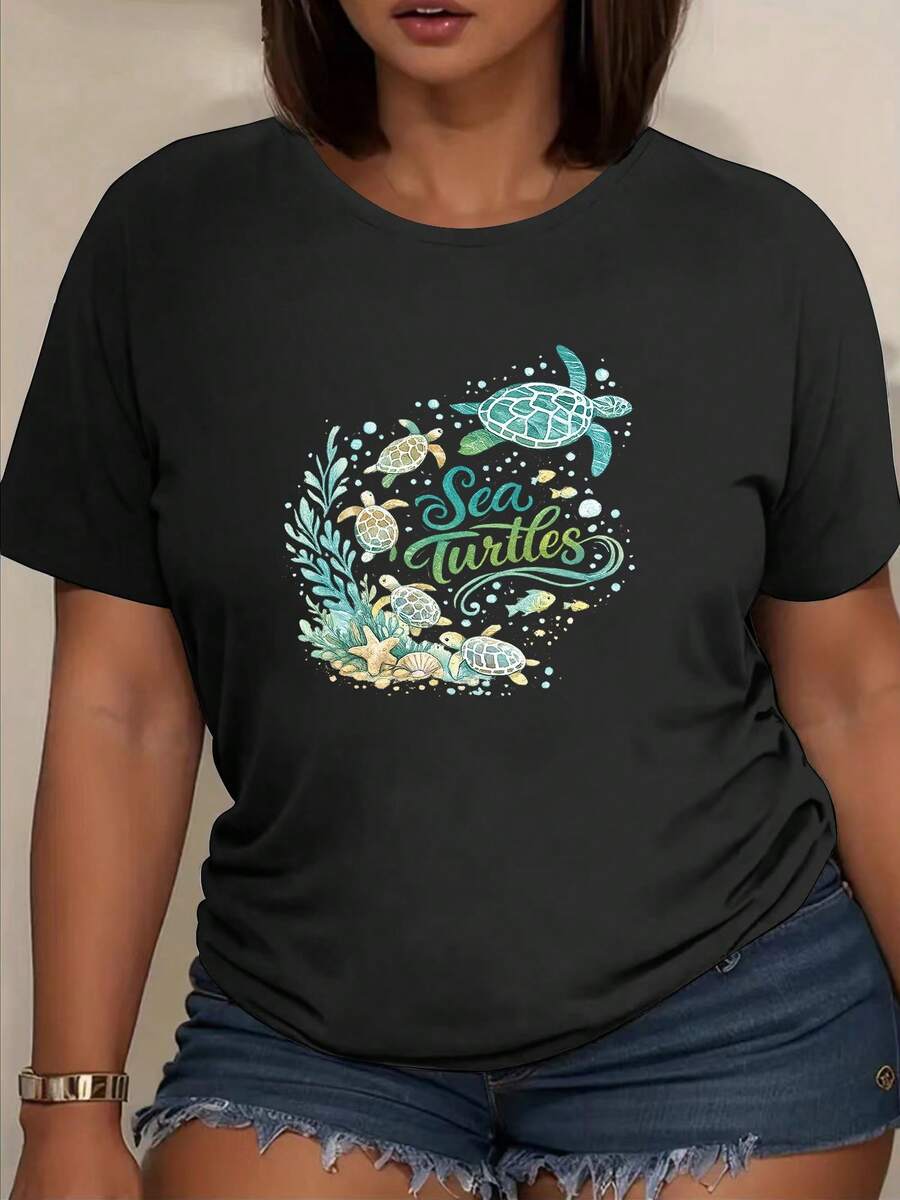 Short-Sleeved T-Shirt With A Classic Underwater "Turtle" Print, Turtle Colony Design, Women's Spring/Summer Top, Women's Summer Clothing, Round Neck T-Shirt For Spring/Summer, Suitable For College Life, As A Basic Layering Piece, And For Everyday Wear. A Hit. - 黑色 - 查看 1