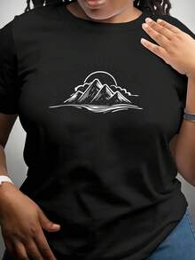 Short-Sleeved T-Shirt With Classic Black And White Mountain Landscape And Sunrise Line Art Print, Regular Length, Casual Style, Round Neck For Spring/Summer, Suitable For Shopping, College Life, Autumn/Winter Essential Product, Hit Of . - 黑色 - 查看 7