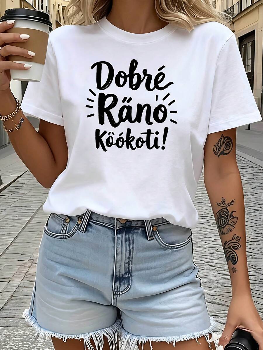 Camiseta minimalista moderna, en el idioma eslovaco "Buenos días K?" "¡Buenos días!" Camiseta blanca de manga corta con estampado divertido - adecuada para primavera, verano y otoño, estilo casual, diseño moderno, versátil para el uso diario, tela, estilo casual y moderno para el día a día. - Blanco - Ver 1