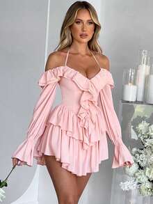 Éxito de  Mono Casual Cuello Halter Escote Bajo con Volantes Manga Larga - Rosa - Ver 2