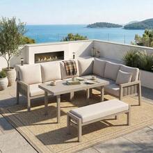 Garden Dining Set, Patio Furniture, 8 People, Corner Configuration, Galvanized Iron, Glass Tabletop, Hand-Braided PE Rope, Including Table, Benches And Sofas, Grey - 卡其色 - 查看 5