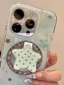 1pc Mint Green Plaid Star Magnetic Phone Holder, Portable Desktop Stand - Mint Green - View 3