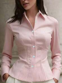 Nueva blusa elegante para mujer, camisa de manga larga con botones y diseño plisado en color blanco, de estilo sofisticado y de alta gama, con apariencia minimalista y profesional, adecuada para ocasiones casuales y citas en primavera - Rosa - Ver 1