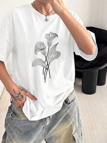 Camiseta Casual para Mujer con Estampado Floral Blanco, Cuello Redondo y Hombros Caídos, Mangas Cortas, Tejido de Punto de Elasticidad Media UVR6 - Blanco - Ver 6