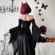Dark Gothic Halloween Costume Witch Dress Vampire Coffin Black Dress - Dress + Black Fishnet Stockings - View 5