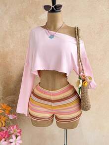 Conjunto de 2 piezas de top asimétrico y shorts de unicolor casual de vacaciones para mujer - Multicolor - Ver 3