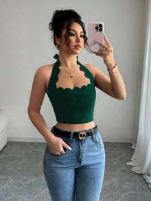 Top corto con escote halter, volantes y amarres en negro para mujer, ideal para vacaciones - Verde Oscuro - Ver 9