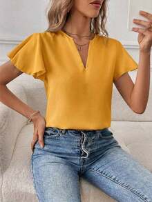 Camisa de mujer de unicolor con escote en V entallado y manga corta, informal y adecuada para el trabajo, blusas de manga corta - Amarillo - Ver 1