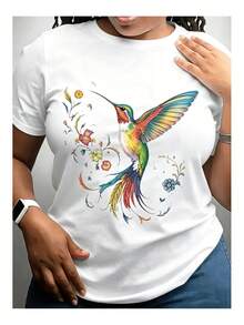 Camiseta genial informal de 1 pieza para mujer, con estampado floral de colibrí, blusa blanca, camisetas gráficas para mujer, camiseta unisex informal de cuello redondo, tejido ligero de punto fino, lavable a máquina, para primavera/verano/otoño, Halloween, Navidad, Día de San Valentín. - Blanco - Ver 2