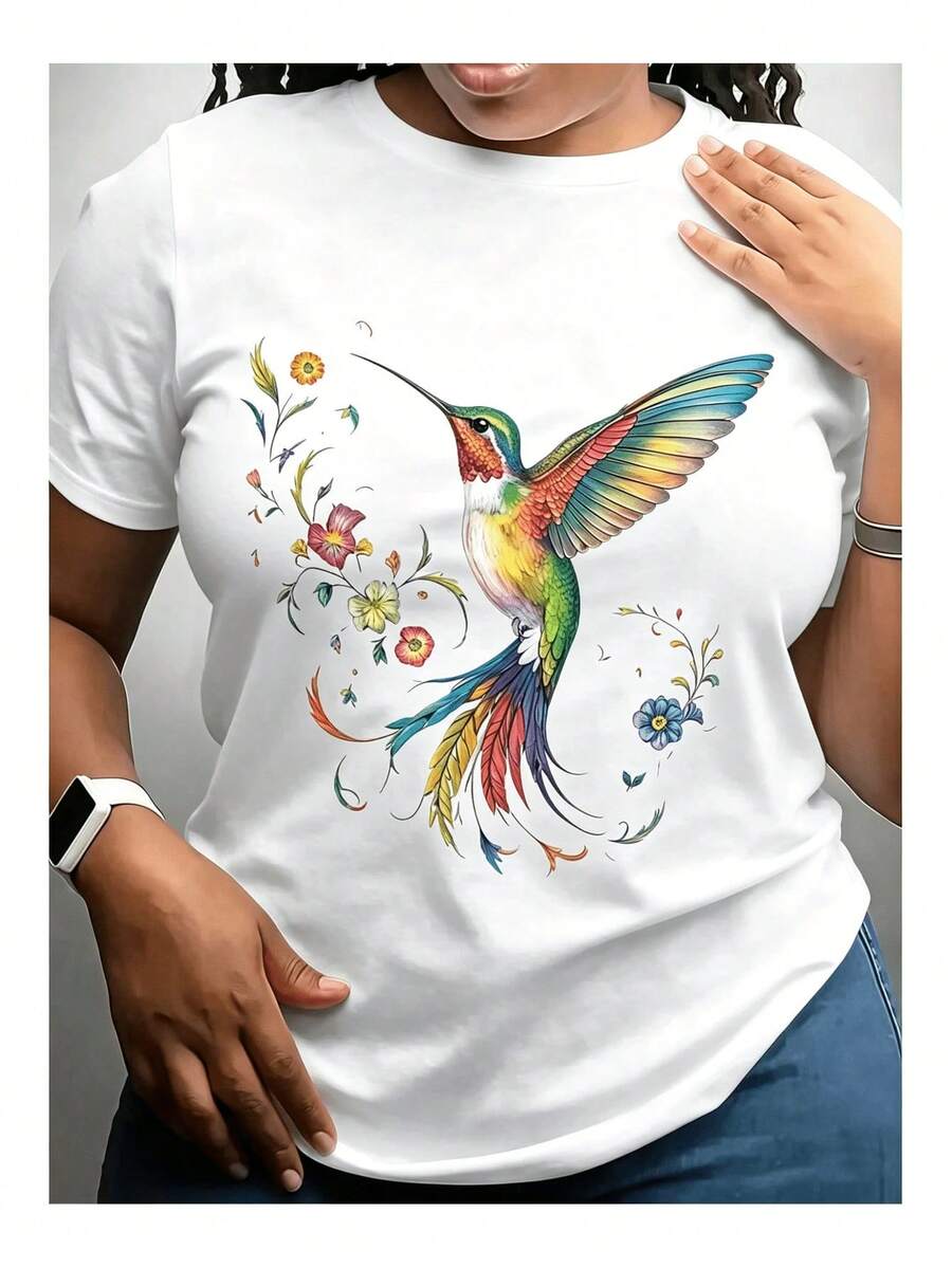 Camiseta genial informal de 1 pieza para mujer, con estampado floral de colibrí, blusa blanca, camisetas gráficas para mujer, camiseta unisex informal de cuello redondo, tejido ligero de punto fino, lavable a máquina, para primavera/verano/otoño, Halloween, Navidad, Día de San Valentín.