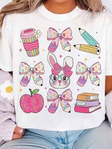 Camiseta de Mujer con Diseño de Conejo y Manzana |   Blusa Blanca Retro de Manga Corta Holgada con Lazo Rosa y Estampado de Lápiz, Adecuada para Primavera, Verano y Otoño, Ropa Casual para Maestras - Blanco - Ver 1