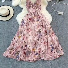 Vestido Midi Floral para Mujer, Cuello Halter con Lazo y Volantes, Estilo Romántico para Primavera-Verano - Rosa coral - Ver 5