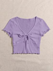 Camiseta tejida con nudo delantero ribete en forma de lechuga - Púrpura malva - Ver 5