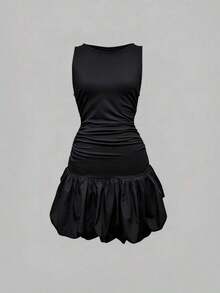 Vestido corto negro de cuello redondo y sin mangas elegante para mujer , adecuado para usar en capas como ropa formal, perfecto para salidas, fiestas y citas en primavera - Negro - Ver 4