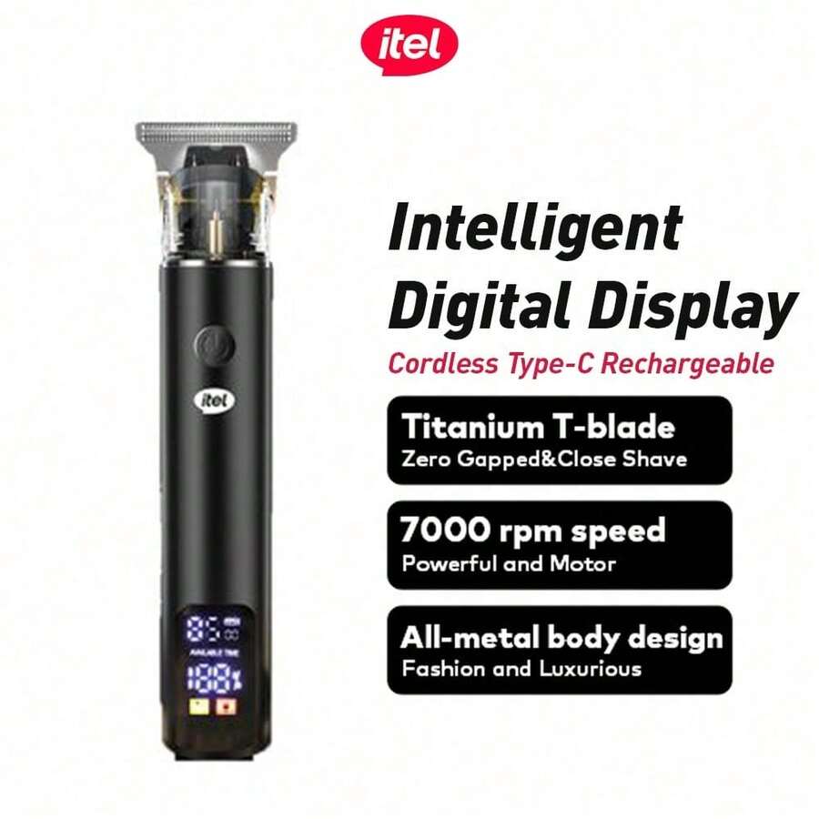 itel Cortadora de pelo con pantalla LED ITR-35, cuchilla de fibra de carbono de precisión profesional, diseño totalmente de metal, adecuada para hombres, para cortar y dar estilo al cabello - Negro - Ver 1