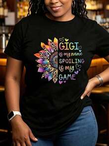 1 Piece Women's T-Shirt With "Gigi Is My Name", "Spoiling Is My Game", Rainbow, Sunflower And Leopard Print Design, For Gift To Grandma Or Family, Casual Wear, 180g, 100% Cotton - 黑色 - 查看 3