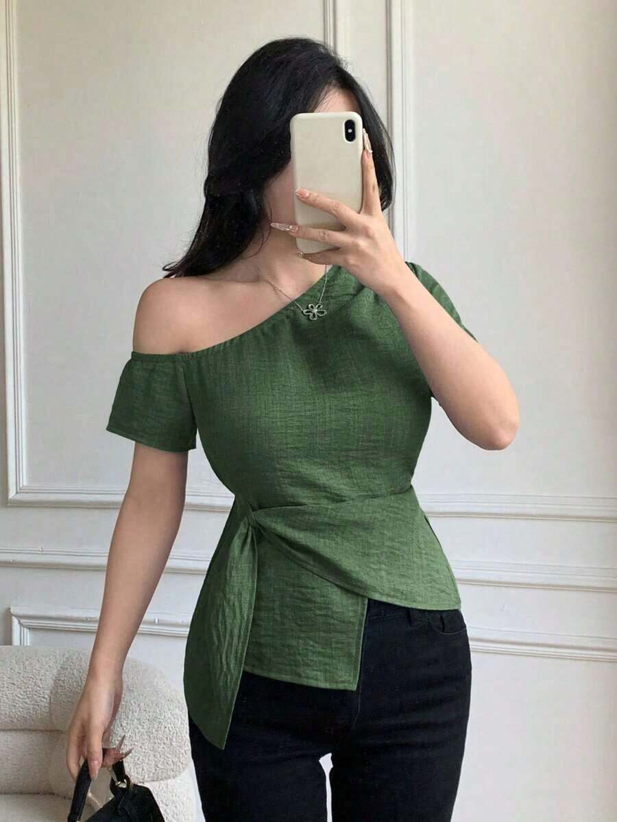 Blusa casual elegante de hombros con nudo, de corte slim para mujeres - Verde - Ver 1