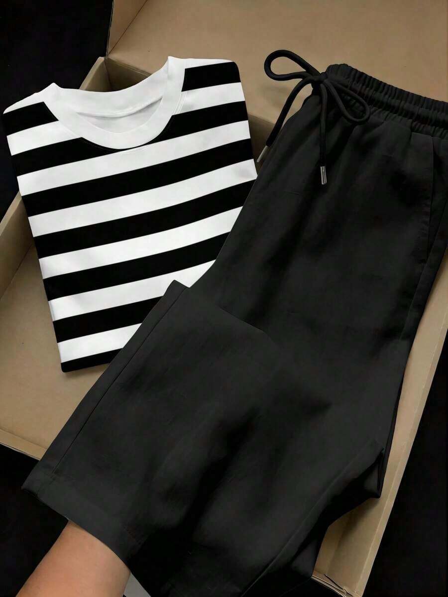 2 piezas Conjunto de top de manga corta con estampado floral bordado falso y rayas y pantalones a rayas, atuendo casual adecuado para el uso diario, citas, fiestas, otoño/invierno/verano, Navidad, Año Nuevo, Acción de Gracias, fiestas, bodas, - Multicolor 3 - Ver 1