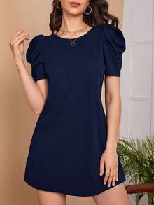 Clasi Vestido sólido negro con mangas abullonadas para mujer, vestido de - Azul marino - Ver 6