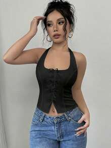 blanca elegante y ajustada con cuello de lazo para volver al colegio - Negro 2 - Ver 3