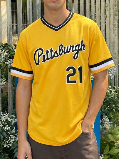 Fractyr Men's Yellow V-Neck Pittsburgh 21 Number Printed Loose Baseball Jersey T-Shirt, Casual Street Wear With Front And Back Prints