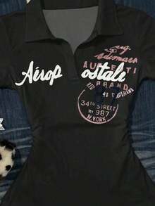 Camiseta casual de mujer con estampado de letras, verano - Negro - Ver 4